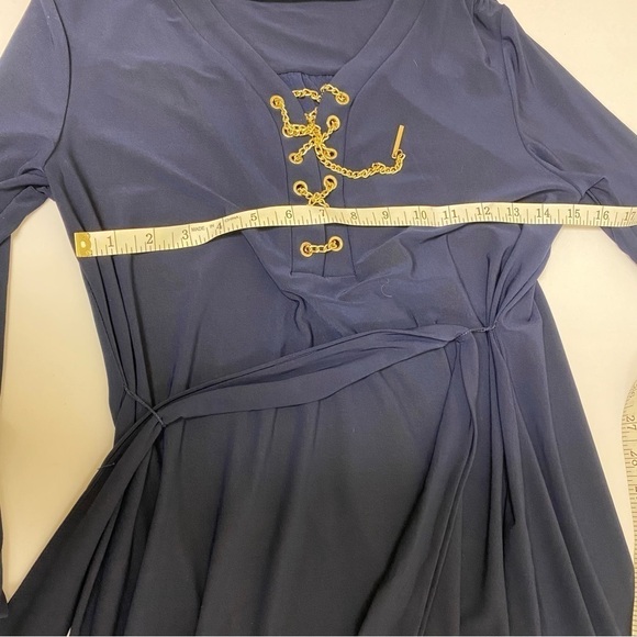 Spense 3/4 sleeve blue gold chain up the front dress - Picture 6 of 11